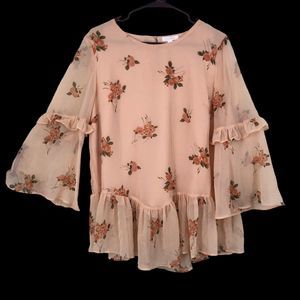 Lauren Conrad Frilly Floral Blouse, Sheer with Lining, Layered Bell Sleeves, XL